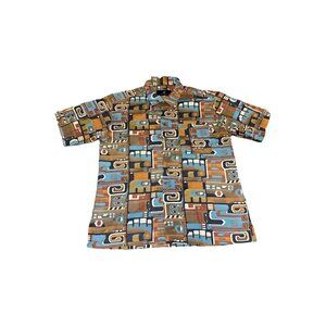 PERUVIAN CONNECTION Button Shirt Pima Cotton Tribal Abstract Print Retro LARGE